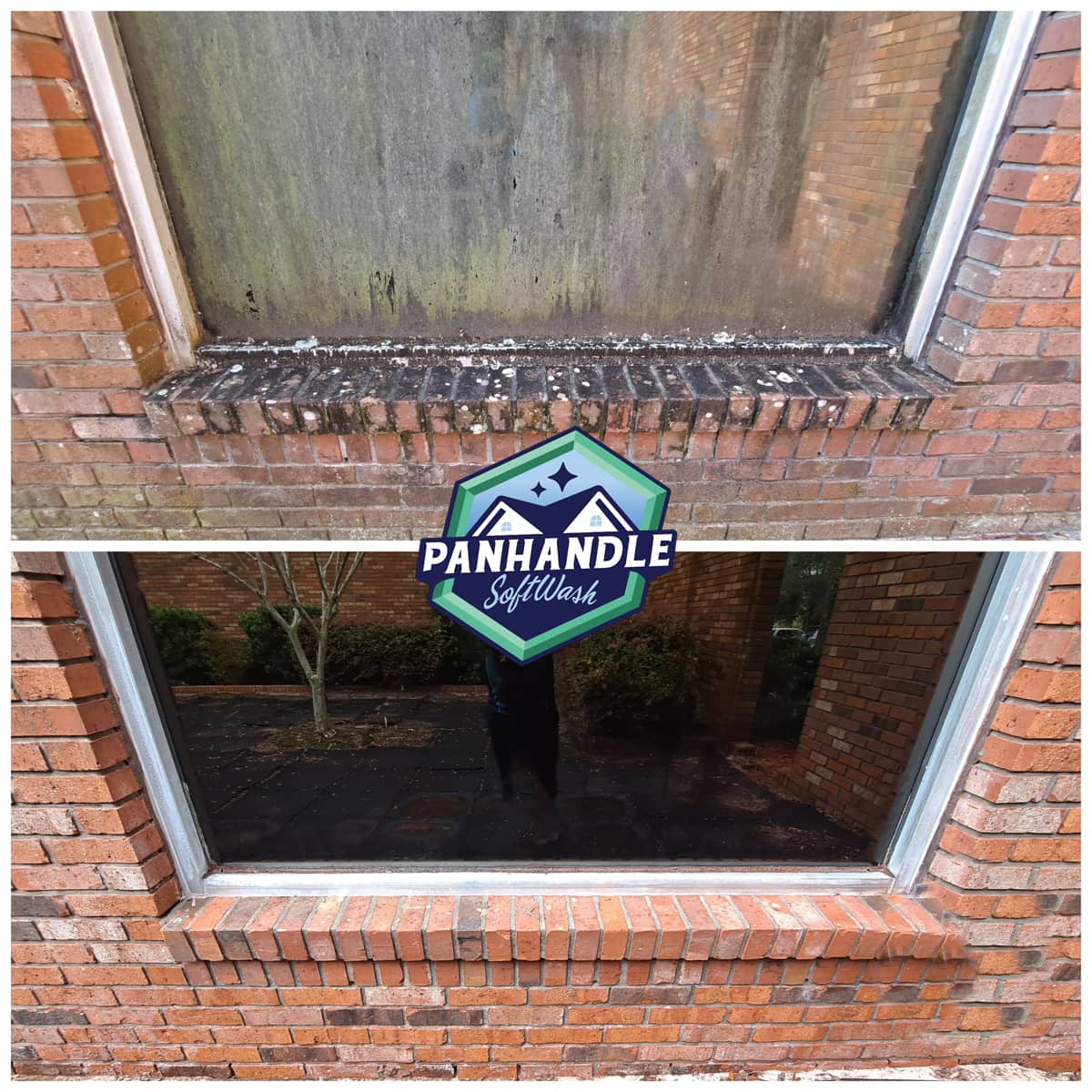 brick wall with with dirty window and window sill before and after cleaning