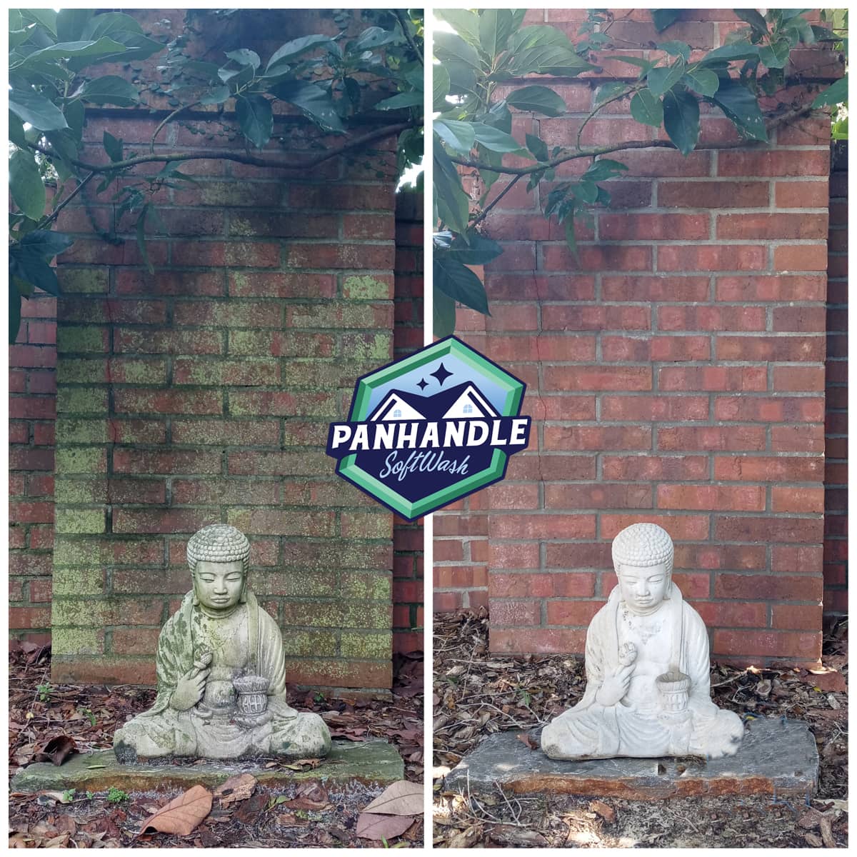 sitting stature next to brick wall before and after cleaning