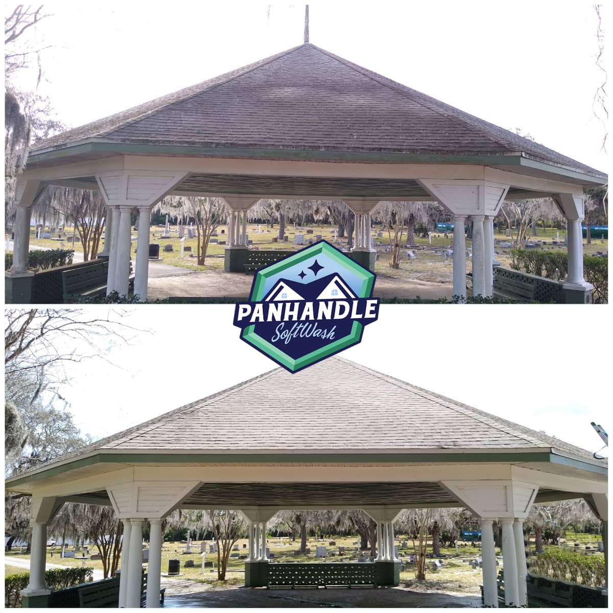 before and after roof cleaning on gazebo