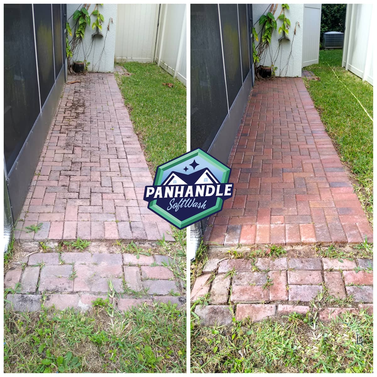 brick pavers walkway before and after cleaning with white fence