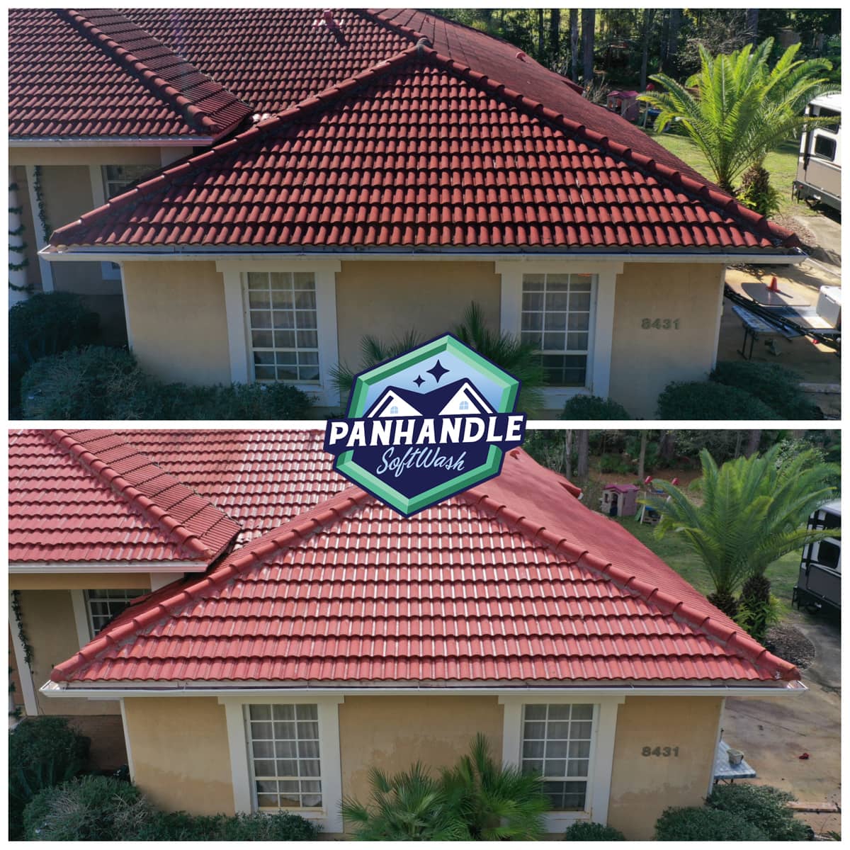 residential home with red roof before and after cleaning