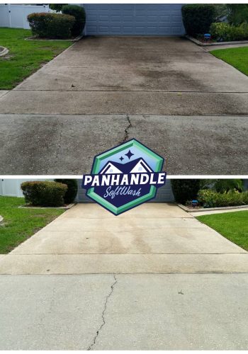 concrete driveway before and after cleaning with blue garage door