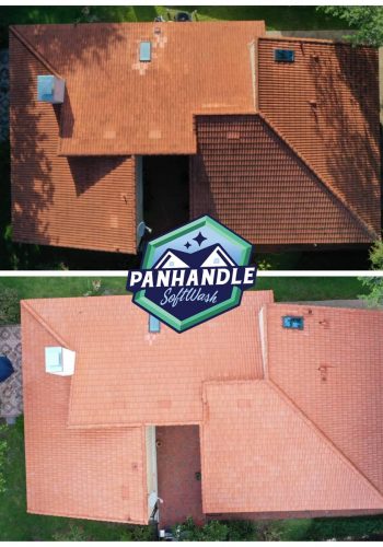 overhead roof before and after cleaning on residential home