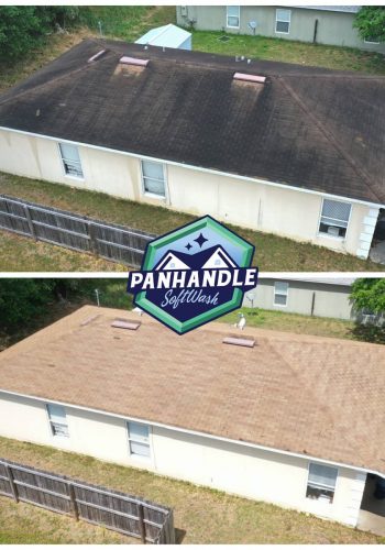 white residential home with dirty roof before and after cleaning