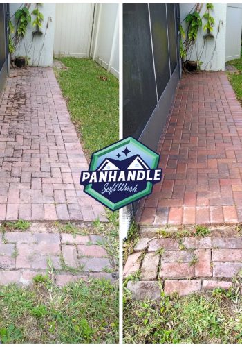 brick pavers walkway before and after cleaning with white fence