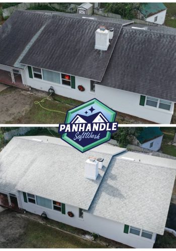 white residential home before and after roof cleaning