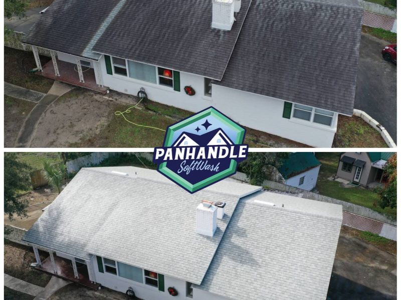 white residential home before and after roof cleaning