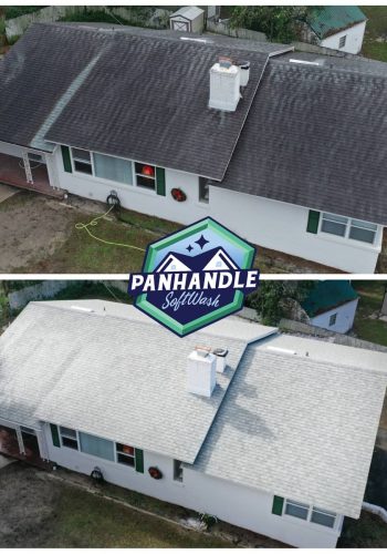 white residential home before and after roof cleaning